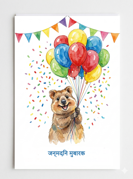 Watercolour quokka birthday card in Hindi — Australian native animal greeting card जन्मदिन मुबारक