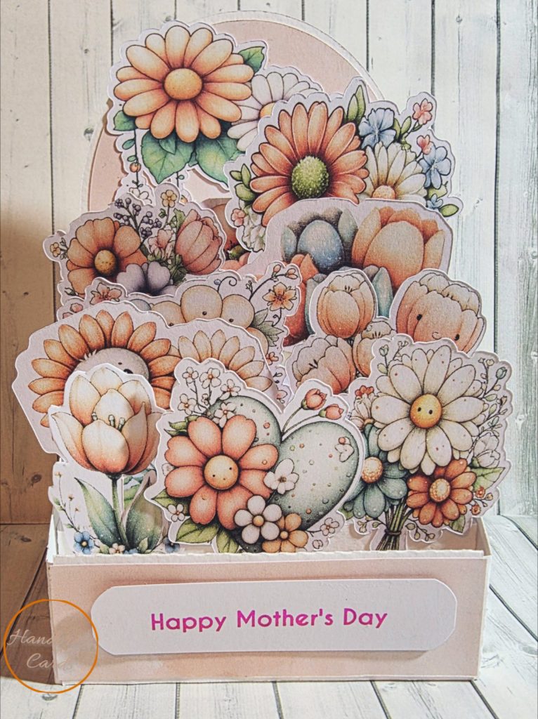 Handmade Mother's Day easel box card with layered die-cut watercolour flowers in peach and blush — Paperhugz Handpress Cards