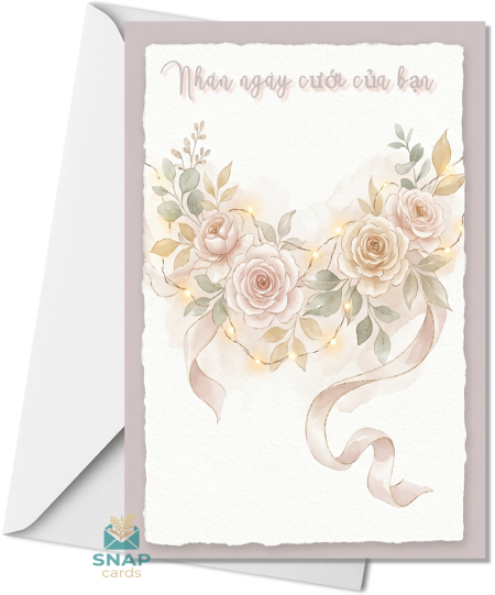 Greeting card featuring a watercolour illustration of blush roses and sage botanical leaves arranged in a garland with fairy lights and a flowing blush ribbon, with a white envelope behind it.