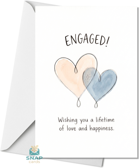 Greeting card with the word Engaged at the top, two watercolour intertwined hearts in blush and blue, and the message Wishing you a lifetime of love and happiness, with a white envelope behind it.
