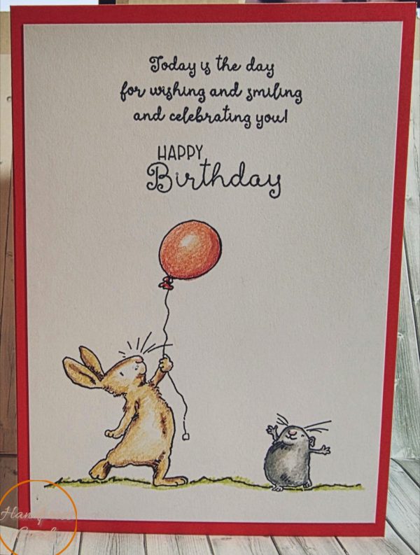 Hand coloured handmade birthday card featuring a bunny holding a red balloon with a small mouse watching, red border, script sentiment reading Today is the day for wishing and smiling and celebrating you Happy Birthday, Handpress Cards Australia