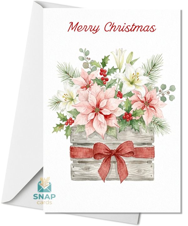 Merry Christmas Snapcard featuring watercolour pink poinsettias, white lilies, holly and pine in a rustic timber crate with red tartan bow, Merry Christmas script in red