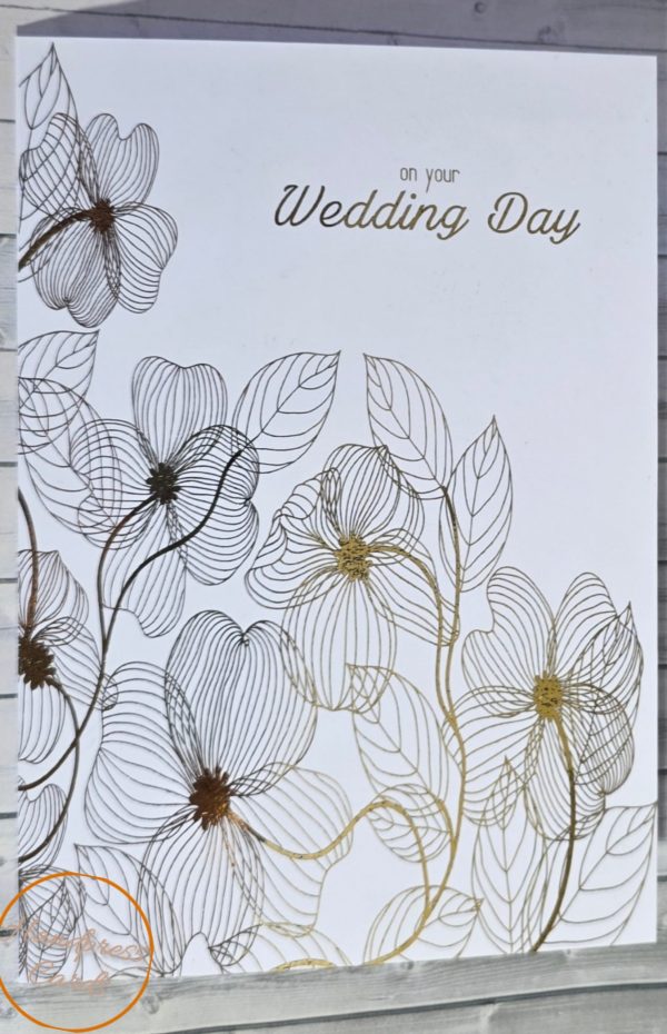 Gold foil wedding day card with line-art floral design and "On Your Wedding Day" text, by Handpress Cards