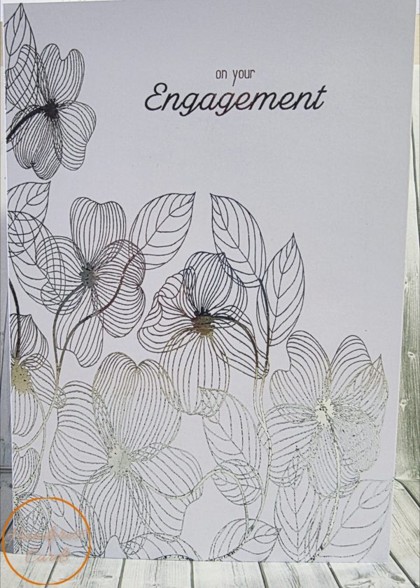 Silver foil engagement card with line-art floral design and "On Your Engagement" text, by Handpress Cards