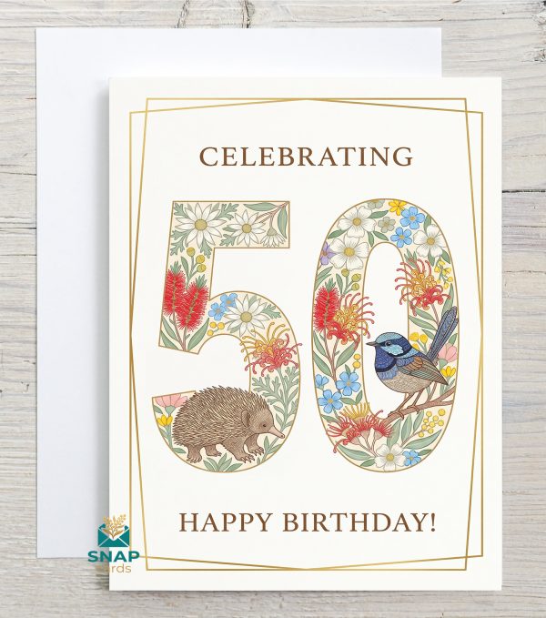Folk-art 50th birthday card with flannel flower, grevillea, echidna and blue wren design