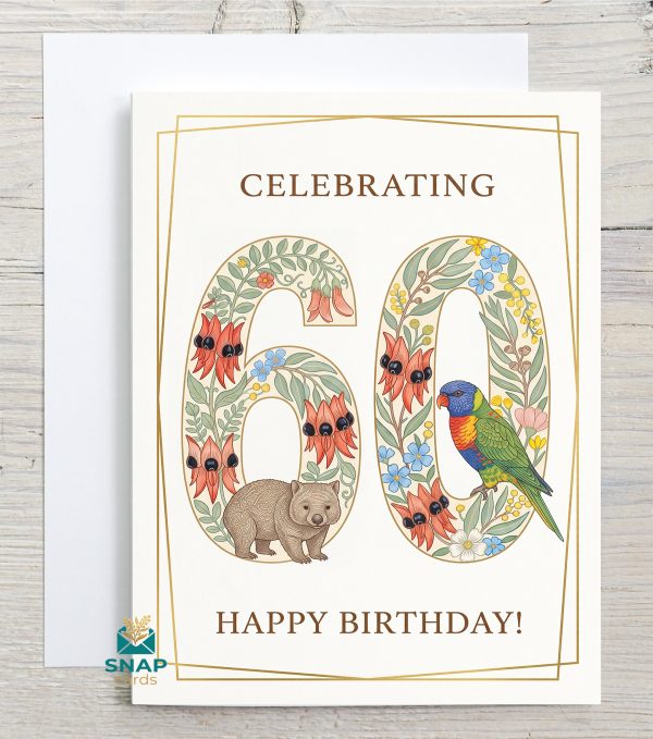 Folk-art 60th birthday card with Sturt's desert pea, correa, wattle, wombat and rainbow lorikeet design