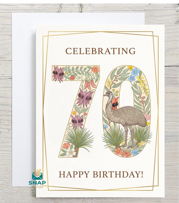 Folk-art 70th birthday card with Sturt's desert pea, grass tree and emu design