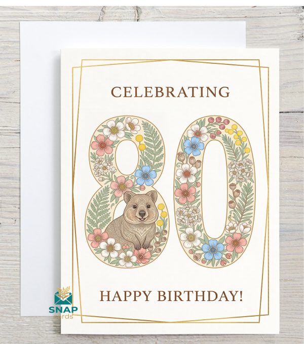 Folk-art 80th birthday card with Geraldton wax, tea tree and quokka design