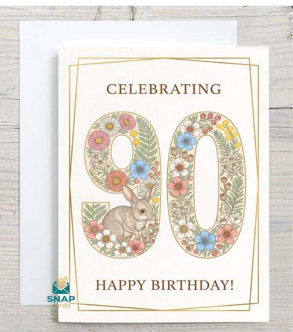 Folk-art 90th birthday card with everlasting daisies, native wax flower and bilby design