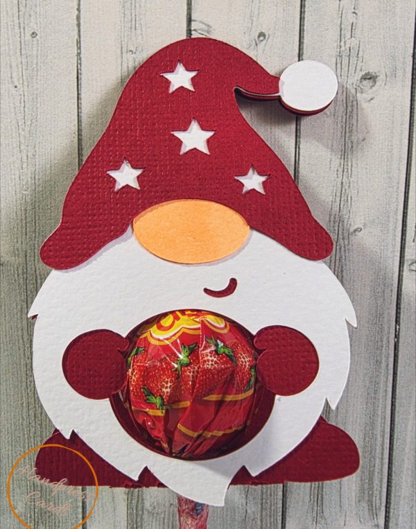 Handmade Christmas gnome lollipop holder in red and white with star-cut hat and pom-pom, by Handpress Cards