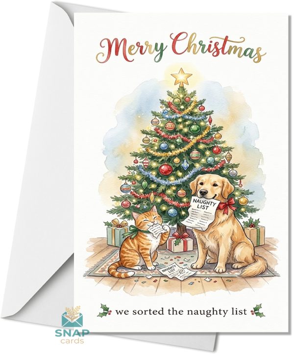 Watercolor Christmas card of a golden retriever and ginger cat with a torn "Naughty List" in front of a decorated Christmas tree, captioned "we sorted the naughty list"