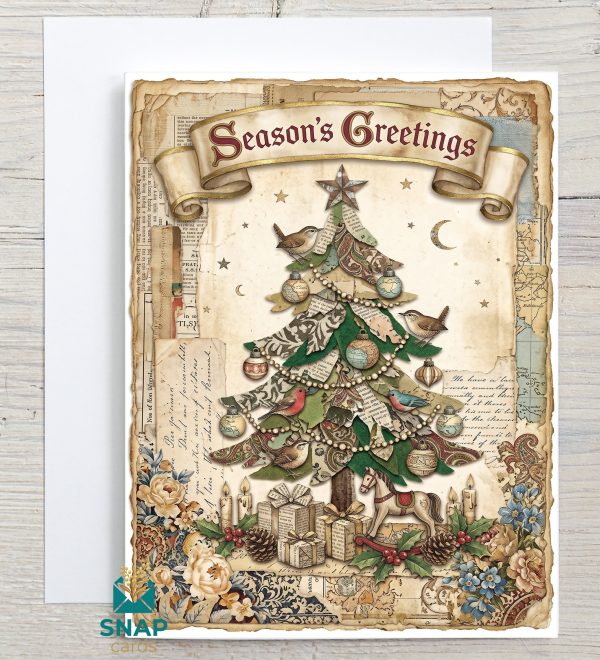 Vintage decoupage collage Christmas tree greeting card with "Season's Greetings" banner