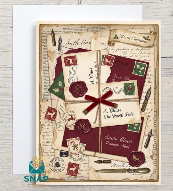 Vintage decoupage Christmas card featuring letters addressed to Santa Claus at the North Pole, tied with twine and a red velvet bow, with wax seals and antique postage stamps