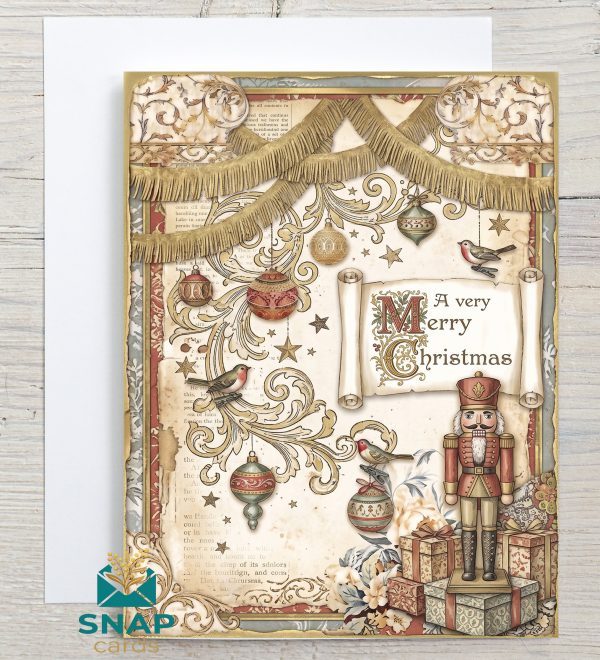Vintage-style Christmas card featuring a nutcracker toy soldier standing on gifts, surrounded by gold tinsel garlands, ornaments and robins, with the text "A very Merry Christmas"