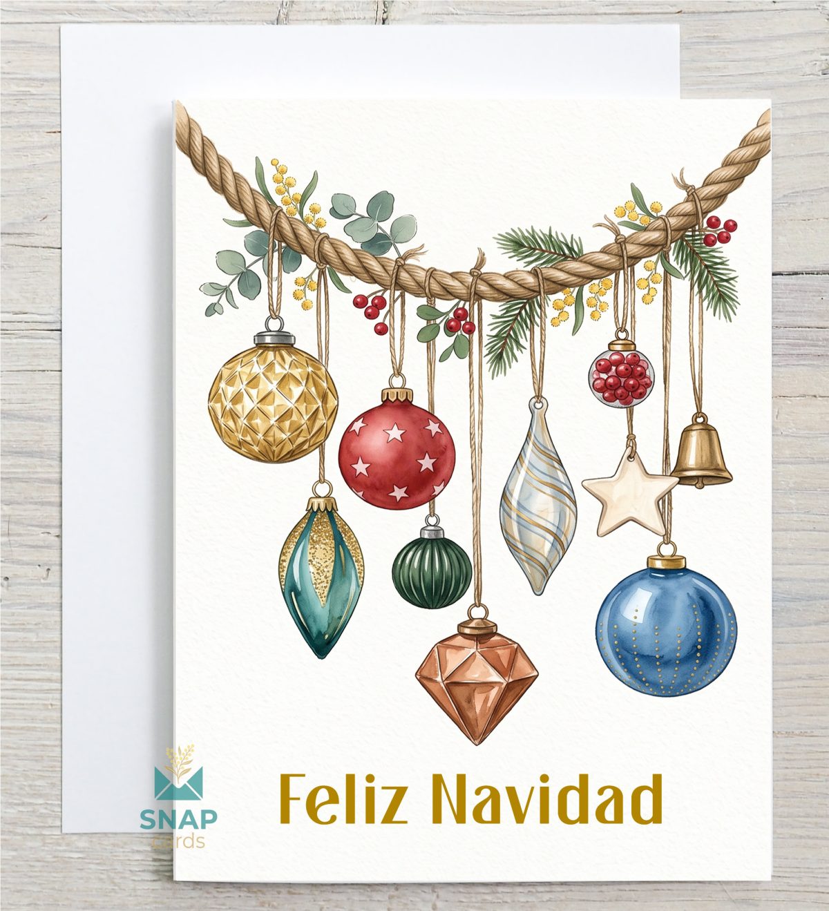 Christmas ornament garland card with baubles, bell and eucalyptus, in 13 languages greeting – Cards in Your Language SNAPCARDS