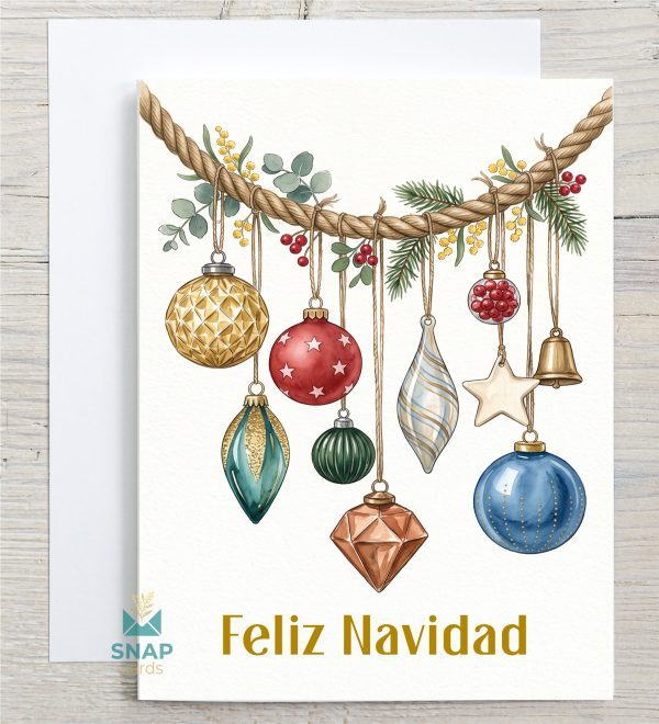 Christmas ornament garland card with baubles, bell and eucalyptus, in 13 languages greeting – Cards in Your Language SNAPCARDS