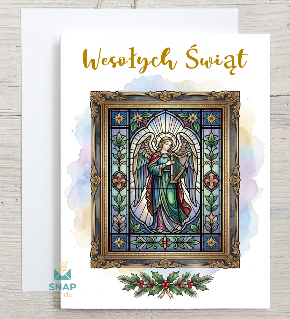 Stained glass angel playing harp Christmas card in gilded frame, Polish "Wesołych Świąt" greeting – Cards in Your Language SNAPCARDS