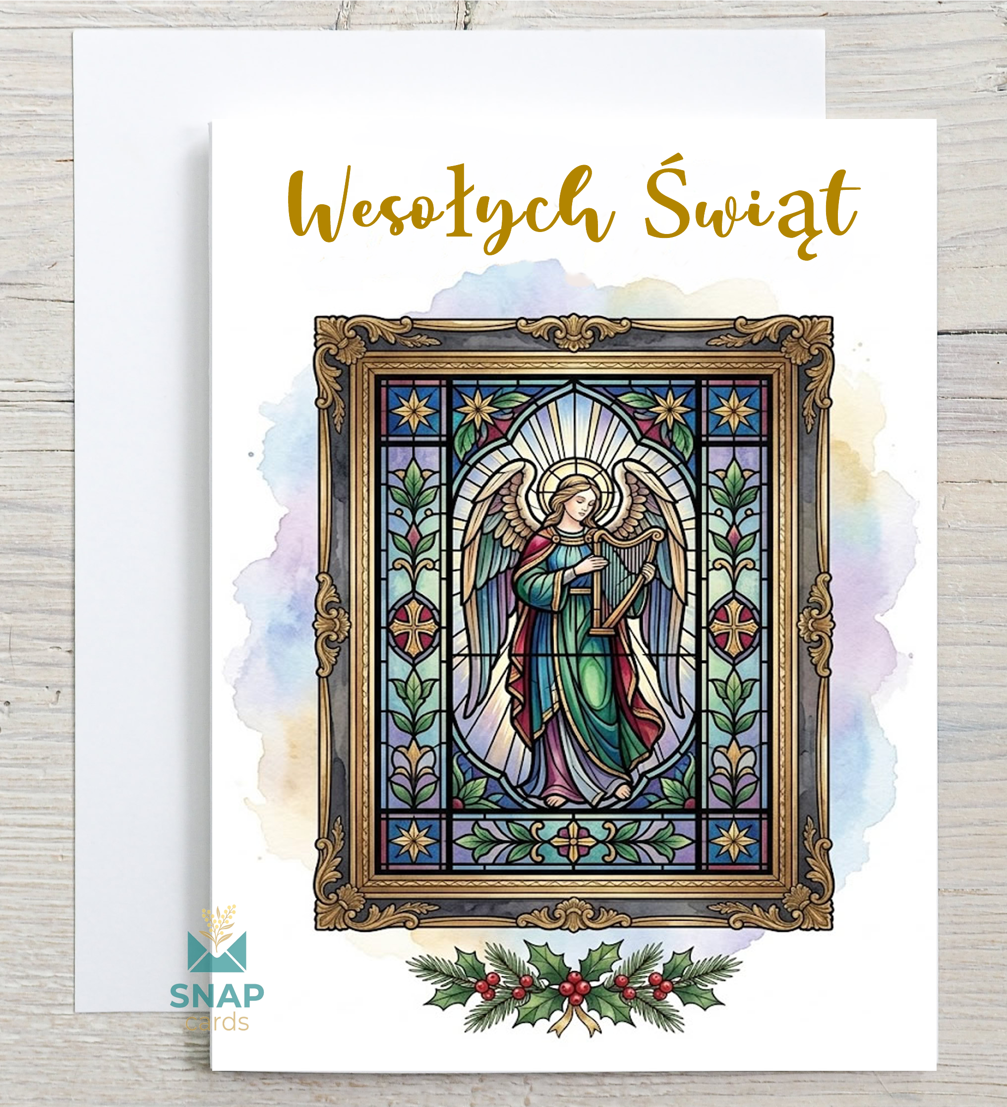 Stained glass angel playing harp Christmas card in gilded frame, Polish "Wesołych Świąt" greeting – Cards in Your Language SNAPCARDS